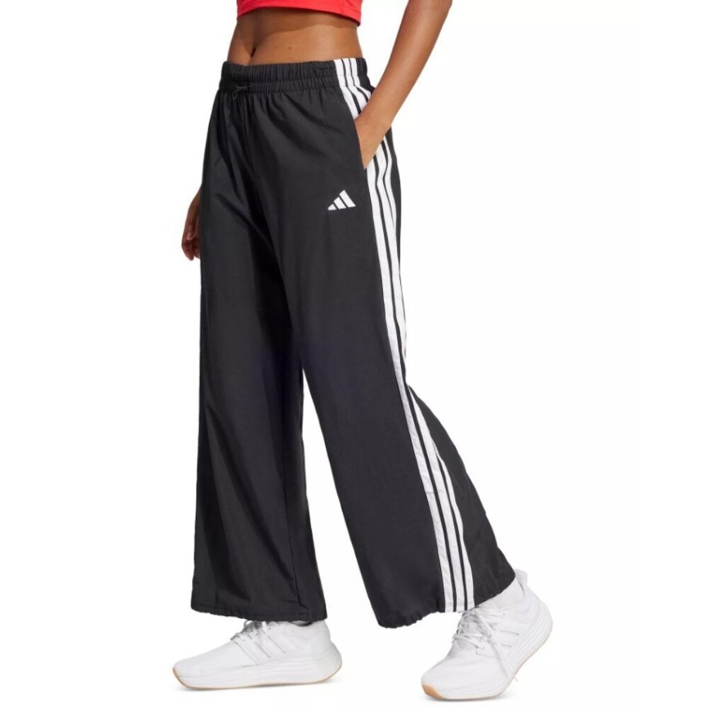 adidas Women's Three Stripe Parachute Pants Wide Leg Black White XL